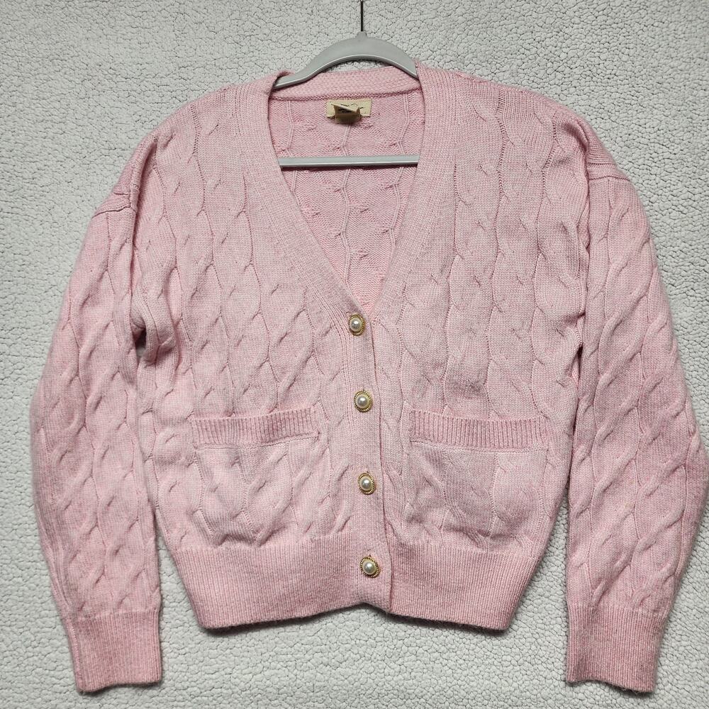 Jessica Simpson Pink Cable Knit Cardigan Sweater Size S Pearl Buttons Pockets